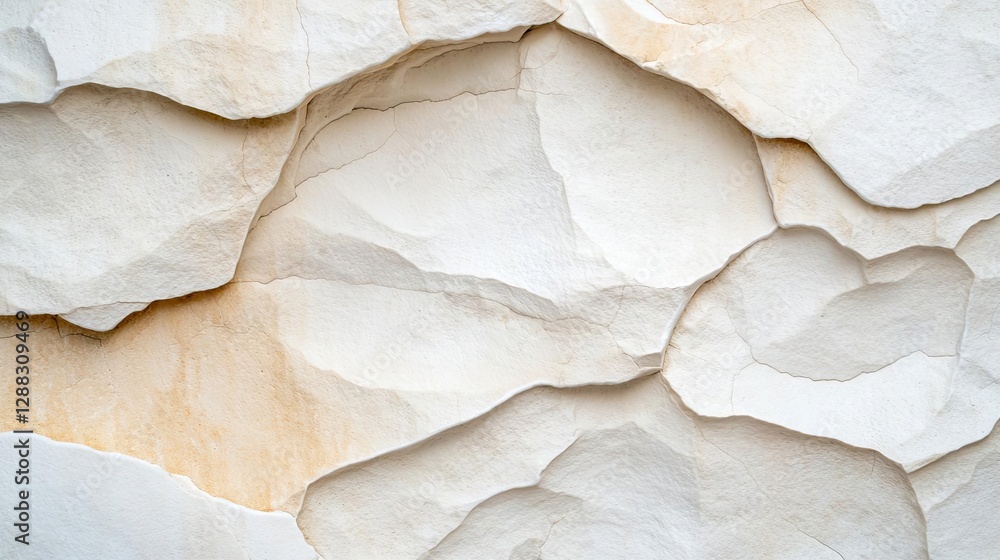 Poster Weathering process concept. Textured white stone surface with natural crevices and layers creating visual interest.