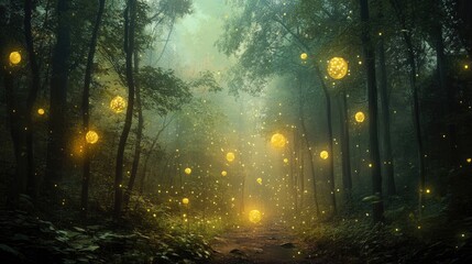 Enchanted forest filled with glowing orbs of warm light hanging from tall trees. The magical, misty atmosphere creates a serene yet mysterious woodland scene, evoking fantasy and wonder. Generative AI