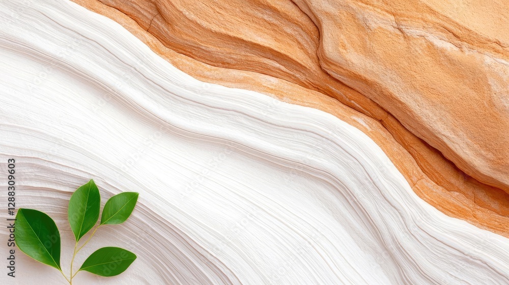 Aufkleber weathering process concept. aesthetic view of smooth layered stone with green leaf accenting the nat