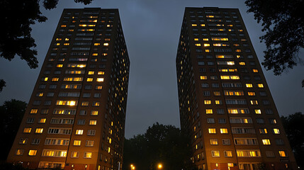 Illuminated Tower Blocks at Night