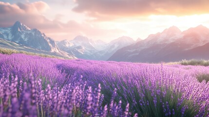Lavender field at sunset, with vibrant purple flowers stretching toward majestic snow-capped mountains in distance. The scenic landscape tranquility, natural beauty charm of rural life. Generative AI