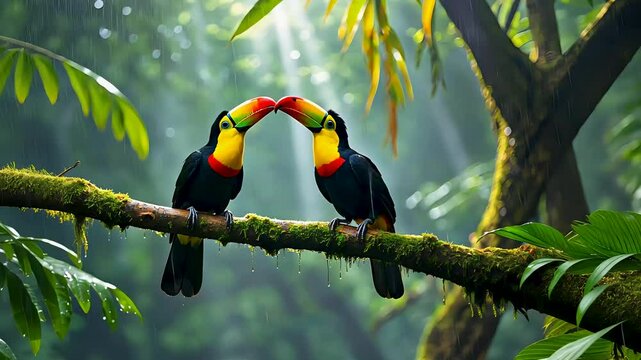 Two colorful toucans perched on a tree branch in a lush green rainforest
