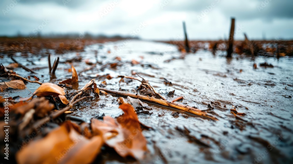 Poster weathering process idea. a tranquil wetland scene with autumn leaves and reflections in the water.