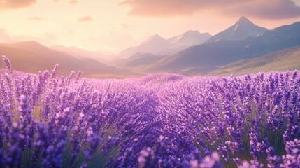 Fototapeta premium Lavender field at sunset, with vibrant purple flowers stretching toward majestic snow-capped mountains in distance. The scenic landscape tranquility, natural beauty charm of rural life. Generative AI