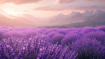 Lavender field at sunset, with vibrant purple flowers stretching toward majestic snow-capped mountains in distance. The scenic landscape tranquility, natural beauty charm of rural life. Generative AI