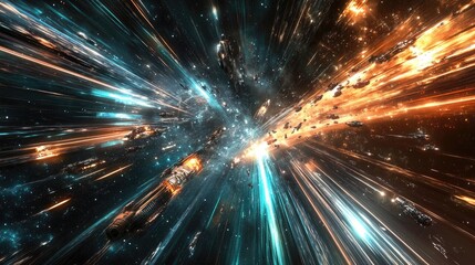 Fototapeta premium Fleet of futuristic starships traveling at warp speed through glowing blue cosmic tunnel. The dynamic scene the concept of interstellar travel advanced technology high-speed exploration. Generative AI