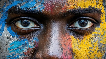 Naklejka premium Painted African Child's Eyes Close Up; Colorful Face Art; Blurred Background; Portrait Use