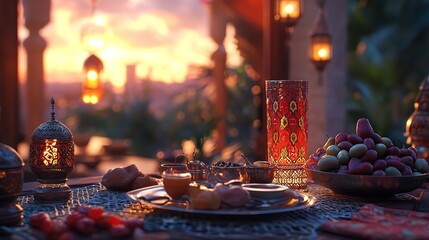 Warm Festive Table Setting: Variety of Desserts, Decorative Lanterns, and Candles Creating an Inviting Ambiance