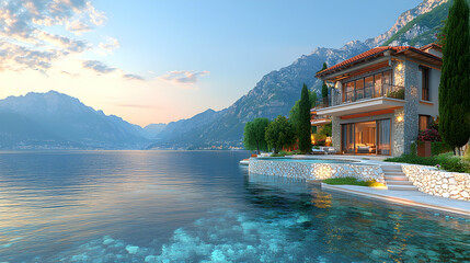Obraz premium Lakeside Luxury Home at Sunset