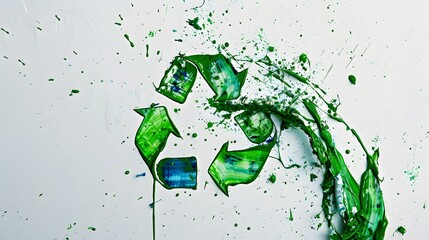 Green paint recycle symbol on white background. Abstract splatter effect emphasizing environmental consciousness.