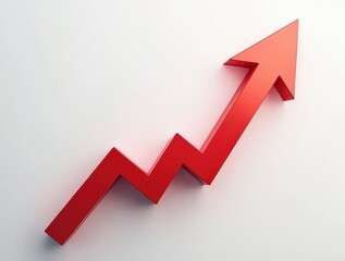 Bold red upward arrow graph, rising trend, cut out on transparent, glossy finish, ideal for business success or data mockups