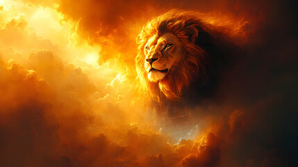 Lion in Fiery Clouds, Majestic Scene