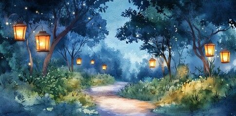 Watercolor Forest Path with Glowing Lanterns Creates Magical Night Scene
