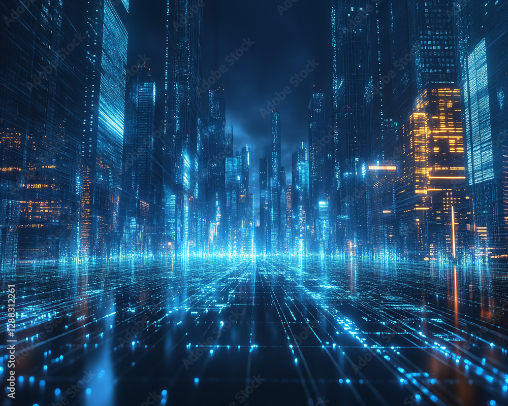 Poster futuristic cityscape with glowing blue lights and digital grids, showcasing a sci-fi urban environme