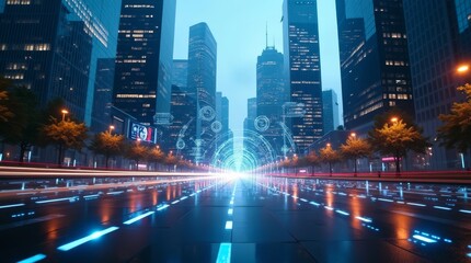Fototapeta premium Futuristic cityscape with glowing roads and digital elements, perfect for technology, urban development, and innovation themes, ideal for backgrounds and digital design projects.