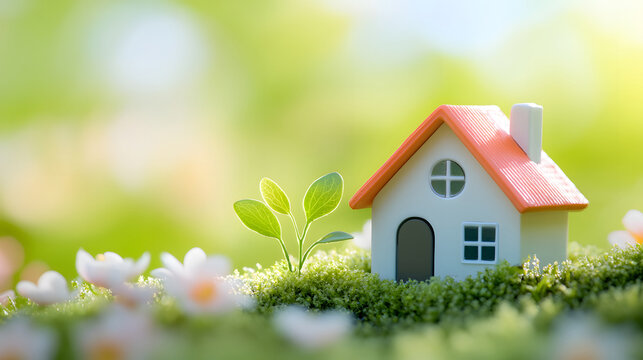 Mini house model on spring grass, real estate investment and financial management concept illustration