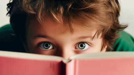 Cute kindergarten boy peeping from behind an open book. Reading learning homeschooling home education illiteracy campaign banner