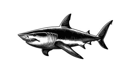 Fototapeta premium vector illustration of black and white woodcut shark