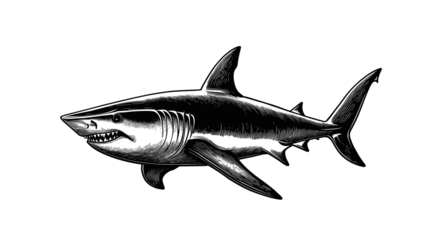 vector illustration of black and white woodcut shark