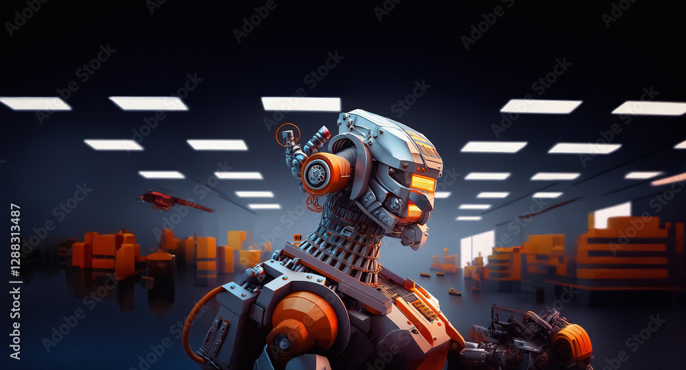 Poster a futuristic robot stands in a dimly lit factory, surrounded by machinery and industrial elements. t