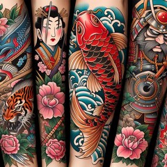Traditional Japanese tattoos featuring bold lines vivid colors a
