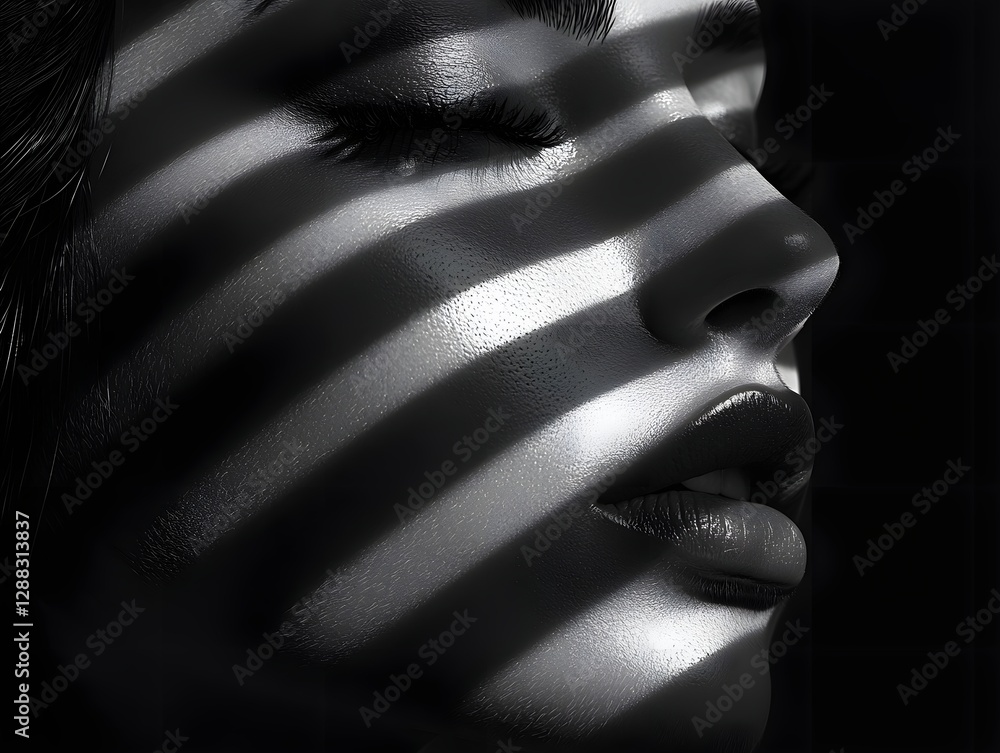 Poster glowing minimalist portrait emerging from shadows with crisp lines and monochrome background