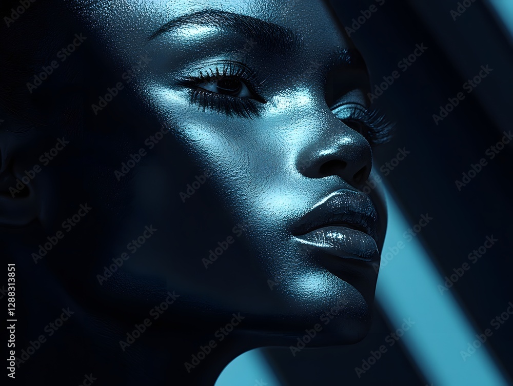 Poster glowing minimalist portrait emerging from shadows with crisp lines and monochromatic backdrop