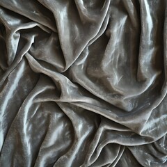 Close-up of draped, shimmering grey velvet fabric with soft folds and texture, creating a luxurious and elegant feel.
