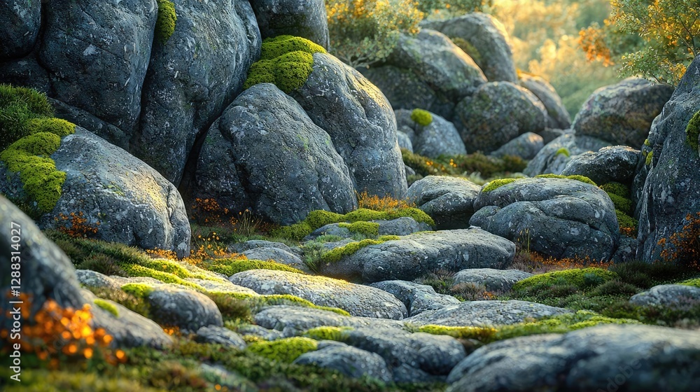 Poster weathering process concept. scenic view of moss-covered rocks in a tranquil natural setting during g