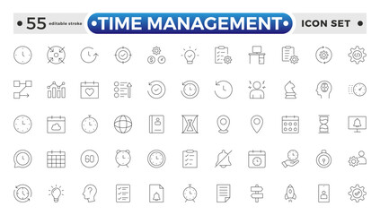 Time management icon set. Timer, alarm, schedule, hourglass, clock icons. Outline time and clock icon collection. Editable stroke outline icon. 
