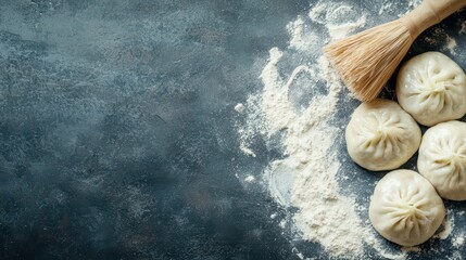 Freshly Made Dumplings on Dark Surface with Kitchen Tools Nearby