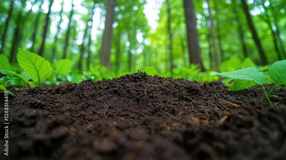 Poster weathering process concept. a close-up of rich soil surrounded by vibrant green foliage in a forest 