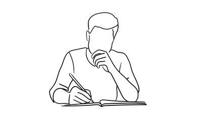 Man writes with a pen, continuous line drawing. Education, hobby, library. Vector illustration isolated on white background
