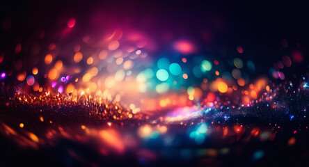 Abstract image of vibrant, blurred bokeh lights creates a festive and dreamy atmosphere. A colorful display in shades of red, orange, yellow, green, blue and purple.