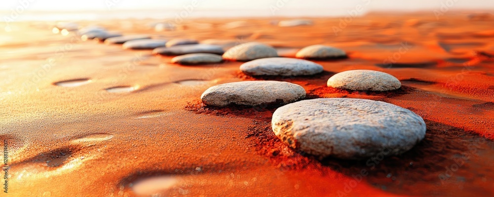 Aufkleber weathering process concept. smooth stones create a serene pattern on a vibrant sandy beach at sunset