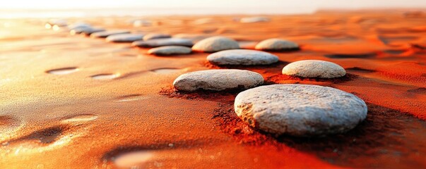 Weathering process concept. Smooth stones create a serene pattern on a vibrant sandy beach at sunset.