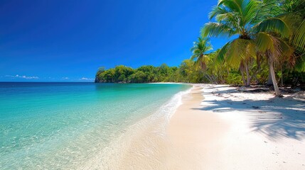 Naklejka premium Tropical beach scene with turquoise water and palm trees. Ideal for travel/vacation brochures or websites