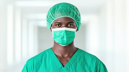 A healthcare professional in green scrubs and a mask stands confidently in a hospital corridor, emphasizing the importance of safety and care in medicine.