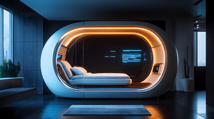 A futuristic living room with sleek modular furniture smart home technology and LED accent lighting.