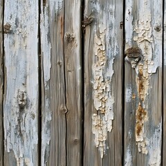 Weathered wooden planks with peeling white paint reveal aged texture and rustic charm, creating a grunge surface.