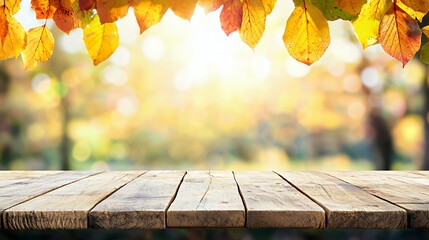 Wooden Table with Autumn Leaves Background