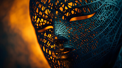 A close-up of a geometric mask with intricate patterns reflecting a dim flickering light.