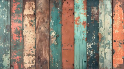Weathered wooden planks with peeling paint in blue, green, orange, and brown tones, displaying a rustic and aged texture.