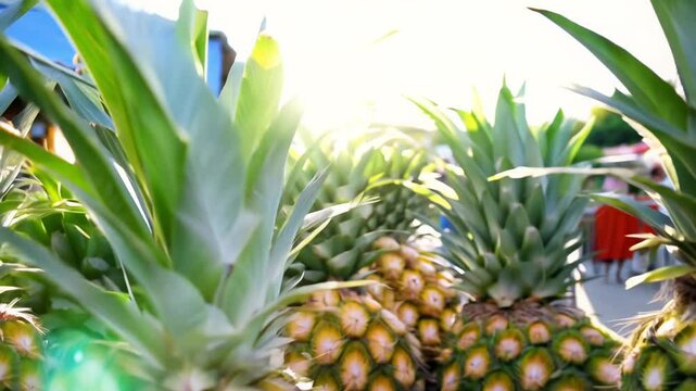 Slow zoom in video of vibrant pineapples with verdant tops standing neatly in rows at a local market, displaying fresh tropical produce ready for purchase