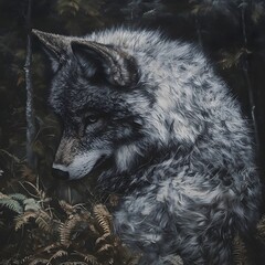 Detailed portrait of a wolf in a dark forest. Wolf looking down, serious expression, textured fur, blurred background.