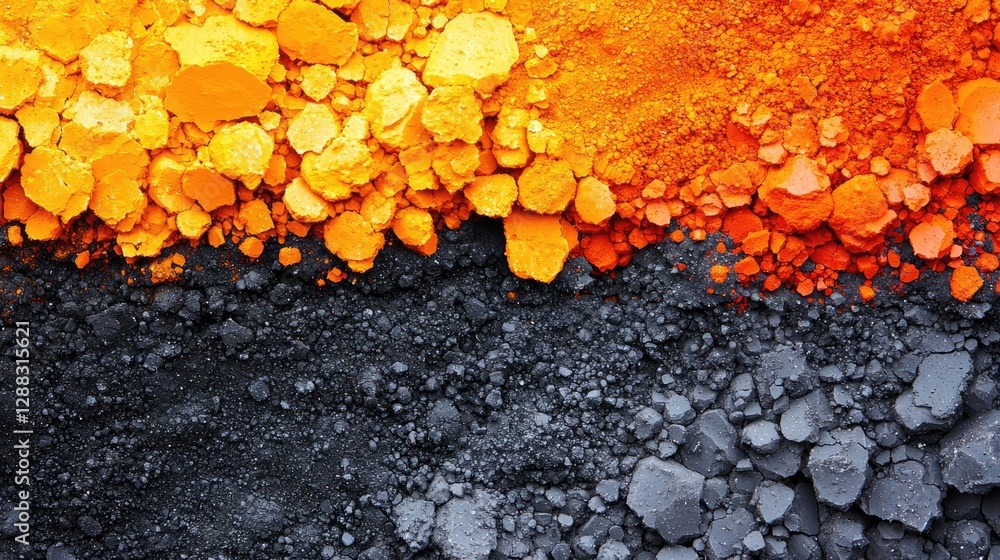 Poster weathering process concept. vibrant colored powders in orange and black create an abstract artistic 
