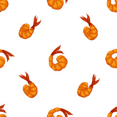 Fried shrimp seamless pattern. Vector hand drawn prawn illustration. Grilled shrimp delicious background. Simple graphic design for print, decor, wrapping, textile, web