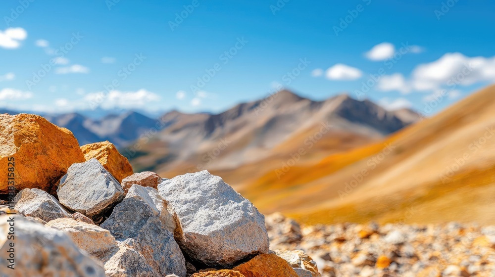 Aufkleber weathering process concept. a close-up of colorful rocks with a majestic mountain backdrop under a b