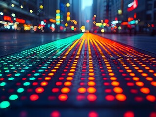 Pulsating Neon Ticker Board in Bustling Corporate Office Capturing Market Volatility