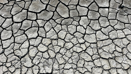 Dry, cracked soil on the ground caused by extremely hot weather.